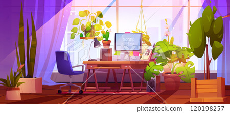 Home office workplace with green plants 120198257