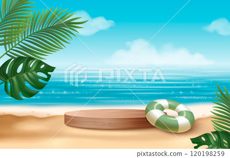 Wooden podium on summer beach background 120198259