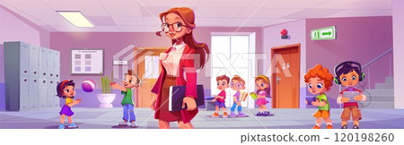 Teacher and children in school corridor 120198260