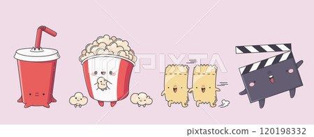 Cute cinema cartoon characters with kawaii faces. 120198332