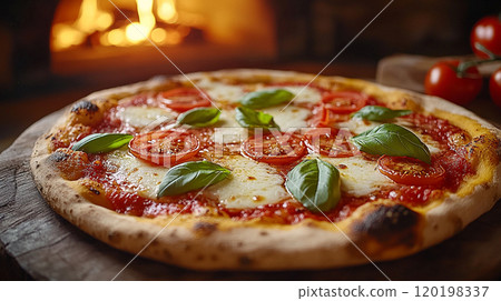 Italian Margherita pizza with fresh mozzarella, tomatoes, and basil leaves, wood-fired oven in the background 120198337