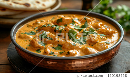 Indian butter chicken with naan bread, vibrant orange curry in a traditional copper bowl Indian butter chicken with naan bread, vibrant orange curry in a traditional copper bowl 120198338