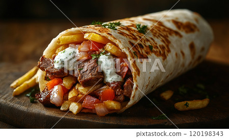 Greek gyro with lamb, tzatziki sauce, onions, tomatoes, and fries, wrapped in a warm pita Greek gyro with lamb, tzatziki sauce, onions, tomatoes, and fries, wrapped in a warm pita 120198343