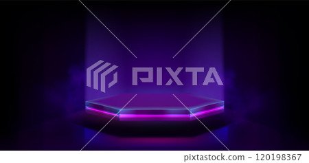 Hexagon product podium with pink neon light 120198367