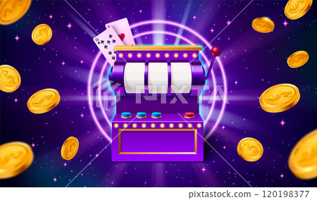 Slot machine and golden coins flying on purple 120198377