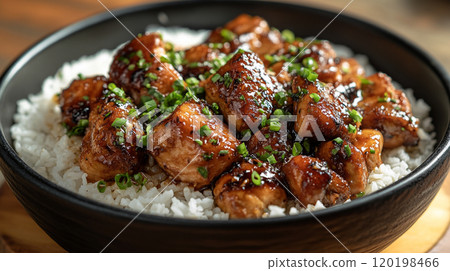 Filipino adobo with chicken, marinated in soy sauce, vinegar, garlic, and spices, served with white rice 120198466
