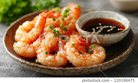 Japanese tempura shrimp, lightly battered and fried to golden perfection, served with dipping sauce 120198475