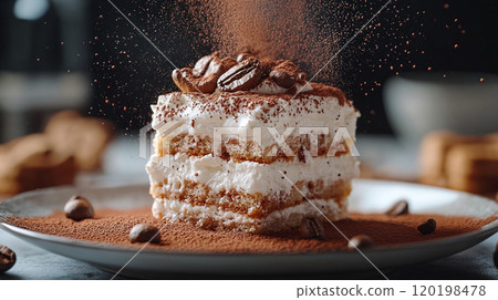 Italian tiramisu with layers of mascarpone, espresso-soaked ladyfingers, and cocoa powder 120198478