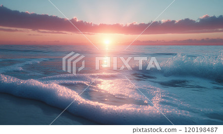 Pastel-colored sunset over the ocean, soft waves lapping the shore, with an uncluttered area of sky for copy space. 120198487