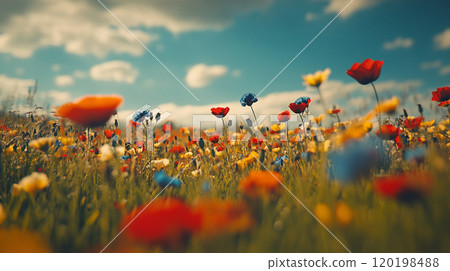 Vibrant flower meadow under a clear sky, with colorful flowers in the distance and an open grassy area in the foreground for copy space. 120198488