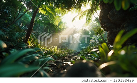 Tropical jungle scene with dense greenery in the background, soft sunlight filtering through leaves, and a large open space in the foreground. 120198489