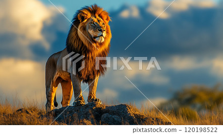 Majestic lion standing on a rocky outcrop, golden sunlight illuminating its mane, with a wide open savannah background for copy space. Majestic lion standing on a rocky outcrop, golden sunlight illuminating its mane, with a wide open savannah background for copy space. 120198522