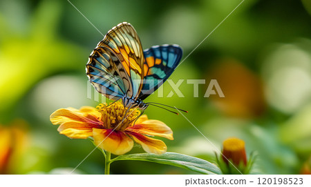 Close-up of a butterfly resting on a vibrant flower, soft blurred green background with plenty of room for copy space. Close-up of a butterfly resting on a vibrant flower, soft blurred green background with plenty of room for copy space. 120198523