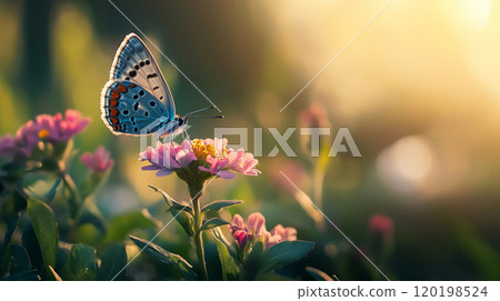Close-up of a butterfly resting on a vibrant flower, soft blurred green background with plenty of room for copy space. Close-up of a butterfly resting on a vibrant flower, soft blurred green background with plenty of room for copy space. 120198524