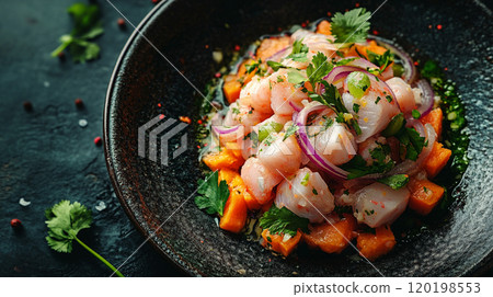 Peruvian ceviche with fresh fish marinated in lime juice, onions, and cilantro, served with sweet potatoes 120198553
