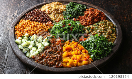 Ethiopian injera platter with various stews and lentils, vibrant colors on a large flatbread 120198554