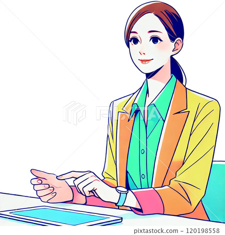 Digital illustration of a woman wearing a colorful jacket 120198558
