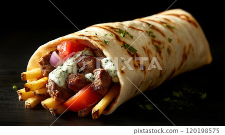 Greek gyro with lamb, tzatziki sauce, onions, tomatoes, and fries, wrapped in a warm pita 120198575
