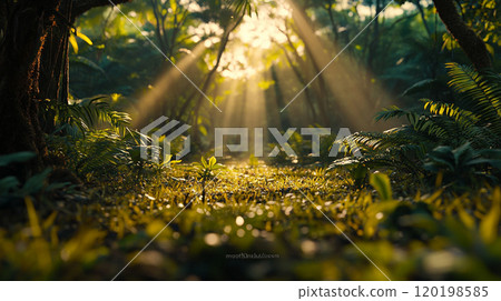 Tropical jungle scene with dense greenery in the background, soft sunlight filtering through leaves, and a large open space in the foreground. 120198585