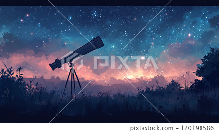 Astronomy concept with a telescope pointed toward a starry sky, galaxies visible in the distance, and a wide area for text. 120198586