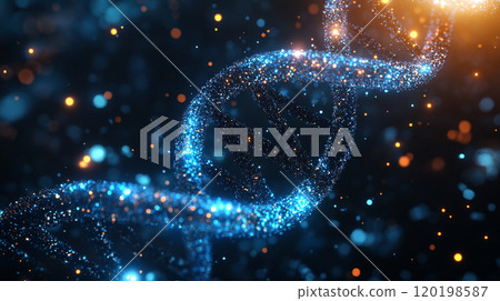 Abstract DNA double helix glowing in blue light, intricate molecular details, with a dark background and space for copy. 120198587