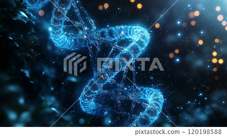 Abstract DNA double helix glowing in blue light, intricate molecular details, with a dark background and space for copy. 120198588