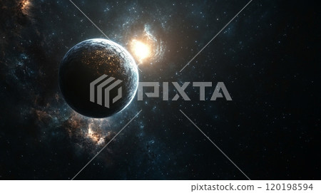 Space exploration concept with a planet, stars, and distant galaxies, with a clear, open area for copy space. 120198594