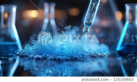 Close-up of a chemical reaction with bubbles and vapor, beakers in the background, and a clear space for copy 120198603