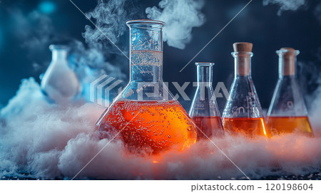 Close-up of a chemical reaction with bubbles and vapor, beakers in the background, and a clear space for copy 120198604