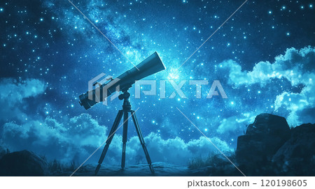 Astronomy concept with a telescope pointed toward a starry sky, galaxies visible in the distance, and a wide area for text. Astronomy concept with a telescope pointed toward a starry sky, galaxies visible in the distance, and a wide area for text. 120198605