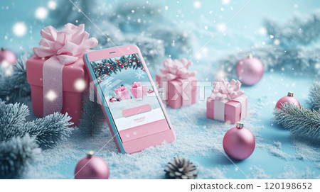 3D Christmas online shopping concept, a modern smartphone showing a holiday sale page, surrounded by wrapped gifts, ornaments, and pine branches. A snowy winter background. 120198652
