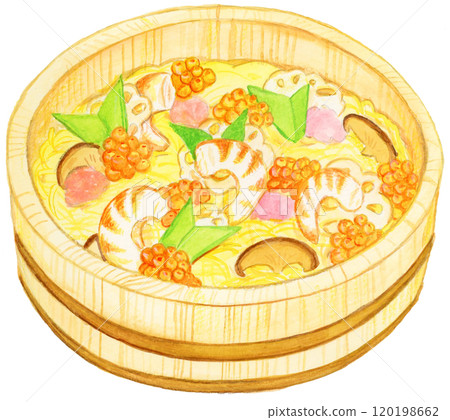Hand-drawn watercolor illustration of delicious looking chirashi sushi 120198662