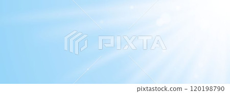 Sun burst light glare in blue sky. Natural light scene wallpaper for banner, mockup, template, overlay, poster. Bright sunshine light rays and beams on surface, wall, ceiling, floor. Vector Sun burst light glare in blue sky. Natural light scene wallpaper for banner, mockup, template, overlay, poster. Bright sunshine light rays and beams on surface, wall, ceiling, floor. Vector 120198790