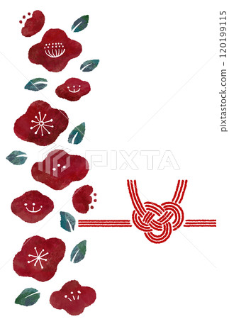 Cute auspicious background illustration of Awaji knotted Mizuhiki and camellia flowers 120199115