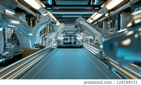 Automobiles being produced on an automobile manufacturing line using a robotic system 120199131