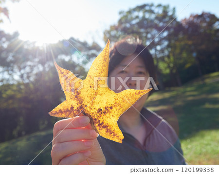 秋季公園裡,一位中年婦女帶著黃色落葉行走 秋季公園裡,一位中年婦女帶著黃色落葉行走 120199338