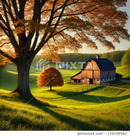 A farmhouse and a large tree illuminated by the setting sun 120199562