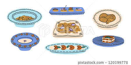 Set of Italian dishes. Pasta, lasagna, risotto, Ossobuco, pizza with mozzarella, gnocchi, ravioli, caprese, tiramisu. Vector illustration in modern style 120199778