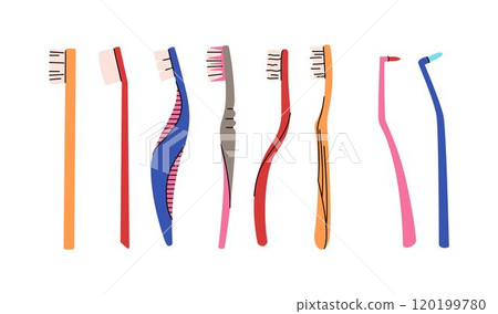 Toothbrush vector set. Dentistry concept, oral care. Different toothbrushes designs. Teeth cleaning accessories. Colorful vector set Toothbrush vector set. Dentistry concept, oral care. Different toothbrushes designs. Teeth cleaning accessories. Colorful vector set 120199780