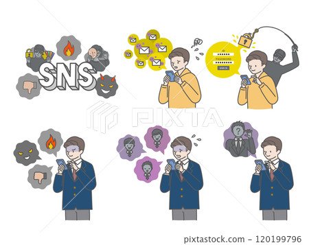 兒童SNS煩惱與網路煩惱的傷害插圖集（男孩） 120199796