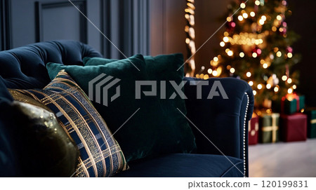 Living room interior with Christmas tree, holiday decorations and fireplace. Holidays concept 120199831
