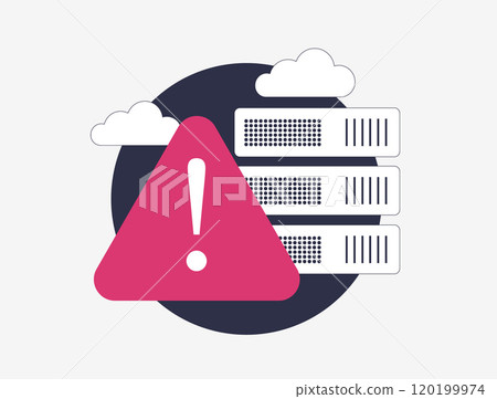 Server error alert, data center failure, cloud storage disruption and system warning. Critical error notification with exclamation mark symbol, network issues isolated flat vector illustration Server error alert, data center failure, cloud storage disruption and system warning. Critical error notification with exclamation mark symbol, network issues isolated flat vector illustration 120199974