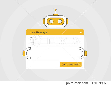 AI chatbot interface illustration, showing automated message generation. Robot icon with text fields for creating responses, highlighting chatbot technology and conversational AI for customer support 120199976