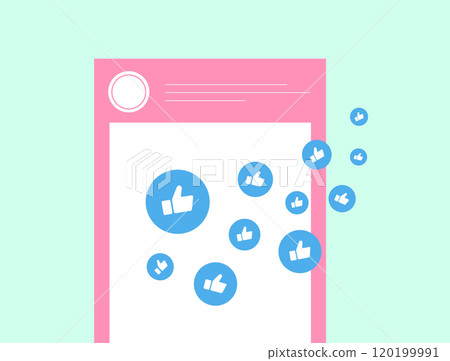 Social media engagement banner with likes and reactions flowing from social network app. Audience interaction, post popularity and digital influence across platforms vector header illustration 120199991