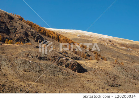 Above the cliff. Beautiful colorful grassland mountain with blue sky. 120200034
