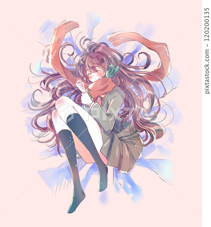 A female student lying down with headphones on and her eyes closed 120200135