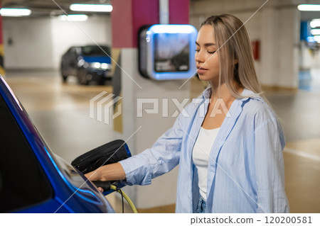 A woman is using a charging station for her electric vehicle in a parking garage A woman is using a charging station for her electric vehicle in a parking garage 120200581