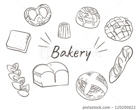 Stylish line drawing illustration of the word Bakery and various types of bread 120200822