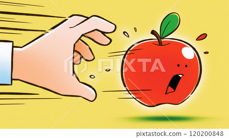 "A hand chasing a fleeing apple." 120200848