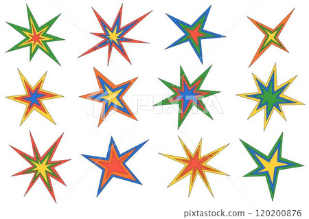 Star shapes vector icons. Abstract shiny irregular sparkles. Sharp burst graphic elements. Random Starlight twinkles figures. Geometric minimal cosmic symbols of explosion. 120200876